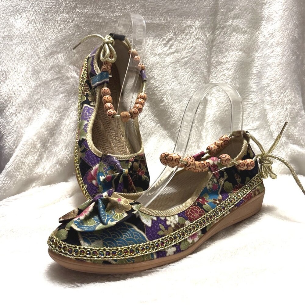 NEWFloral Embroidered Ballet Flats With Beaded Ankle Strap Accents & Bow Details